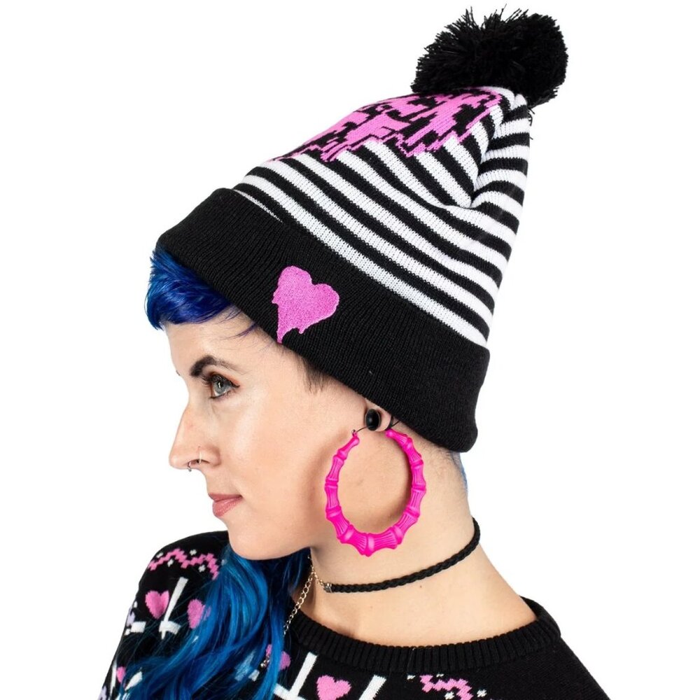 Too Fast: "F*CK OFF" Heart striped pom pom knit beanie NWT Black, White & Pink
